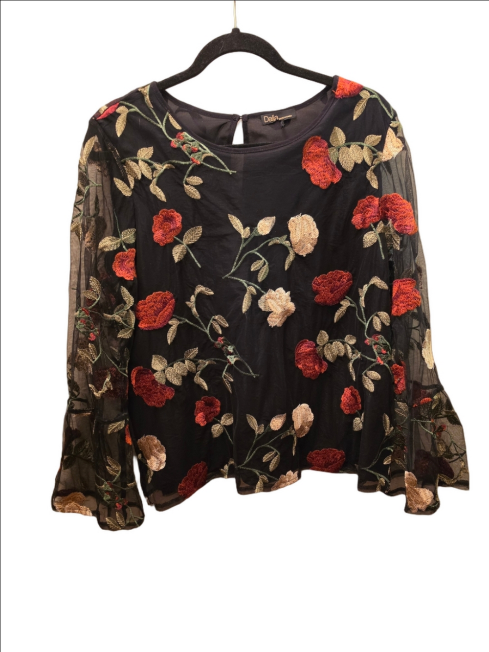 Floral Embroidered Mesh Bell Sleeve Blouse Black Boho Romantic Dalia L